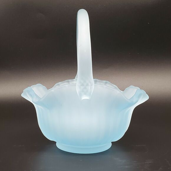 Vintage 7 Inch Tall Dusty Blue Satin Frosted Petal Glass Ribbed Basket EUC - Picture 2 of 8